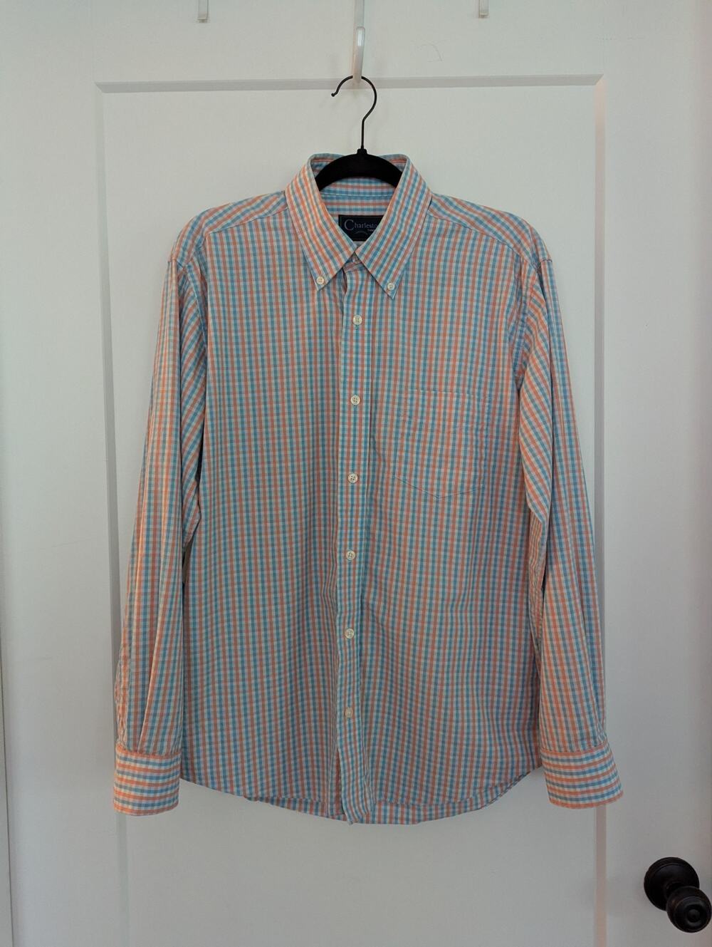 Charleston Threads Men Medium Coral Teal Button Shirt Career Professional EUC
